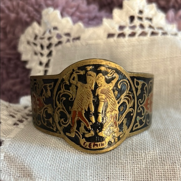 Vintage OLD Zodiac Gemini Enamel on Solid Brass Heavy Cuff Bracelet - Picture 1 of 16